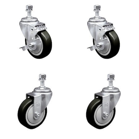 Service Caster 4 Inch Black Polyurethane Wheel Swivel 1/2 Inch Threaded Stem Caster Brakes, 2PK SCC-TS20S414-PPUB-BLK-TLB-121315-2S2